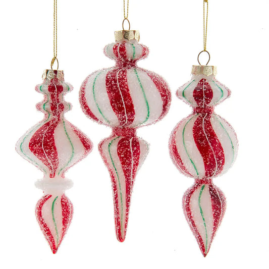 Flocked Red and White Finial Ornaments - 3-Piece Box